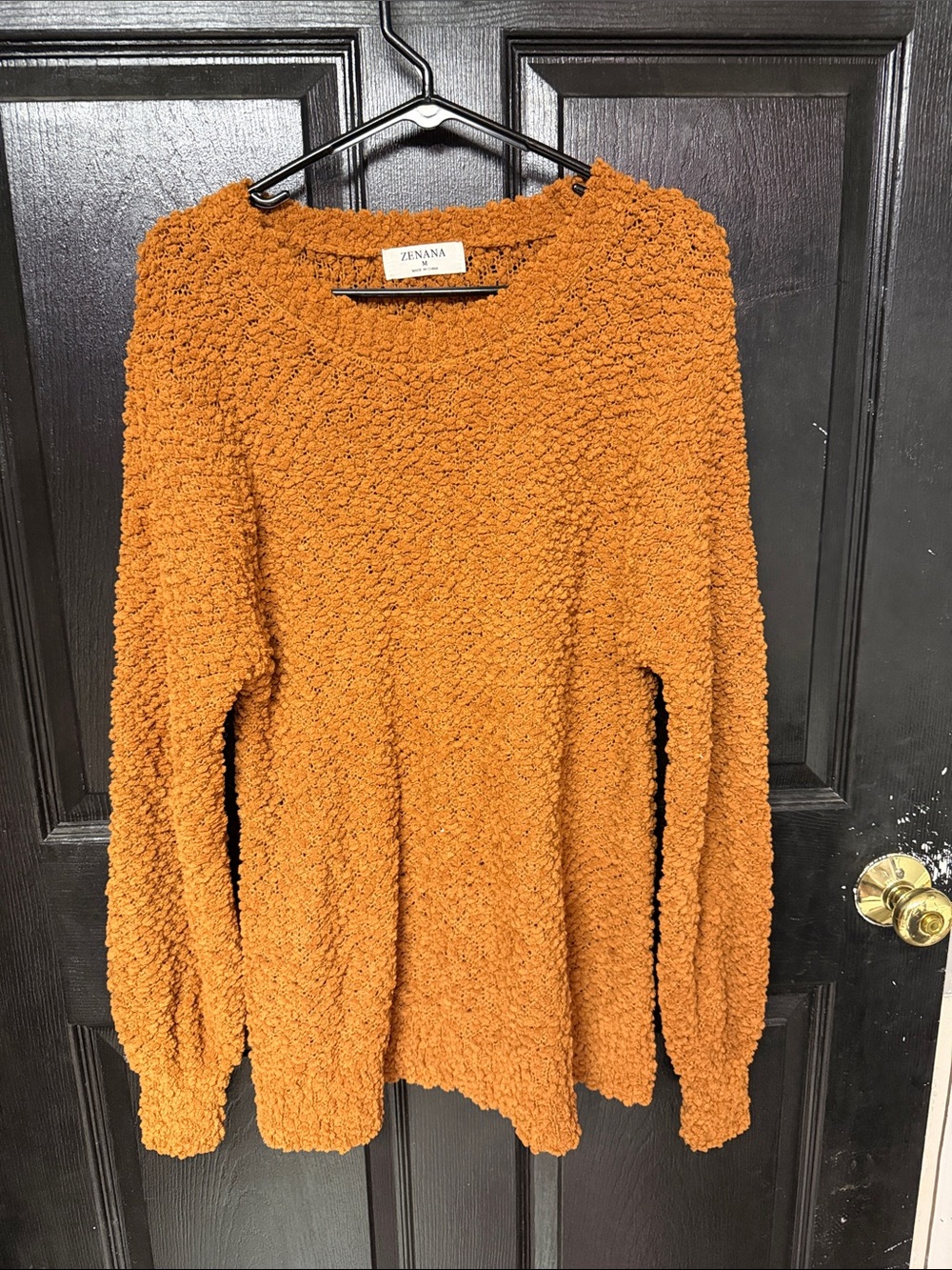 Zenana Outfitters Cozy Popcorn Crewneck Sweater in Burnt Orange